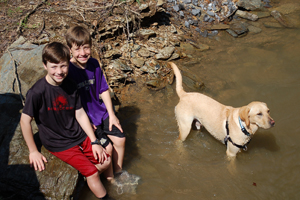 Two children and a dog